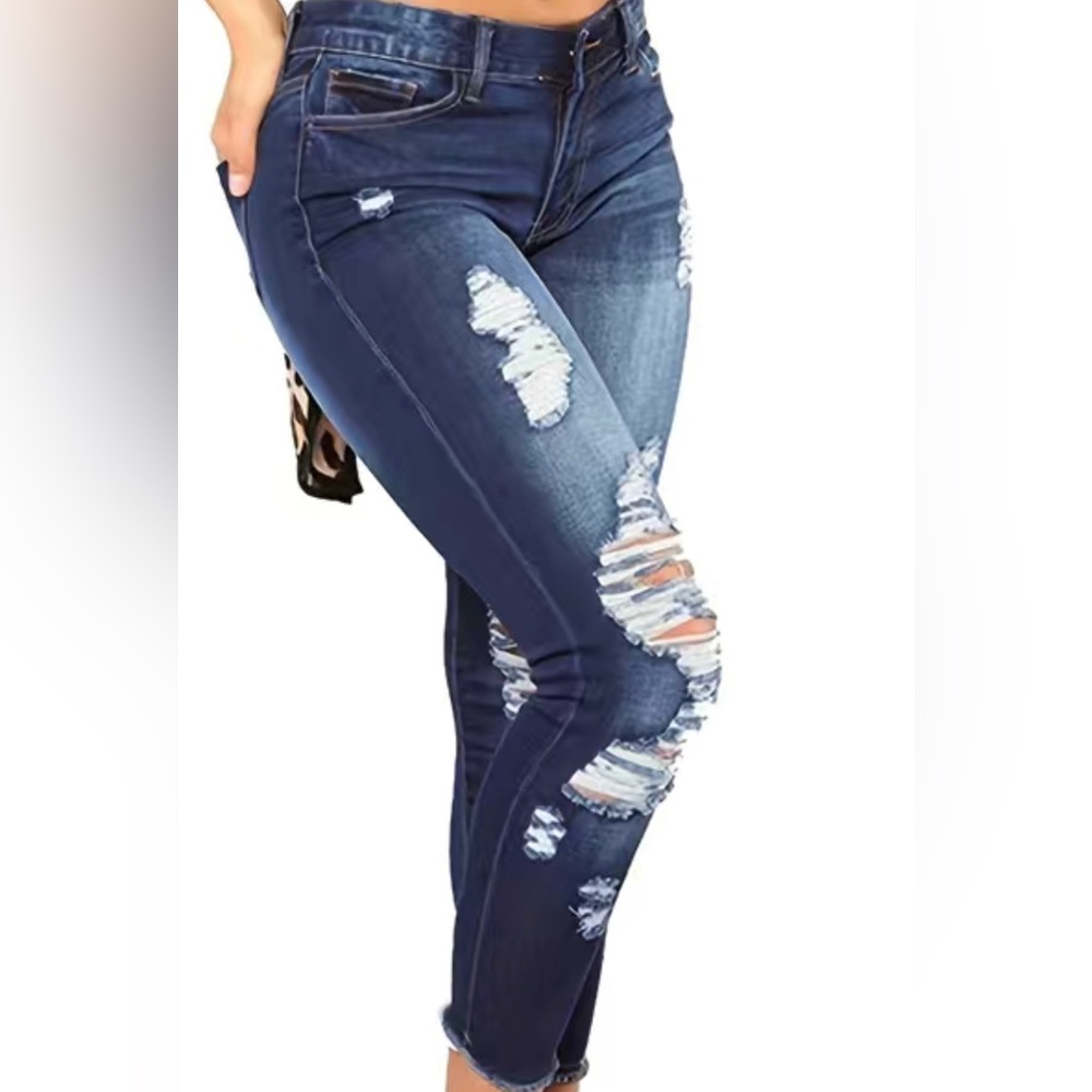 🤑💰|| Blue Ripped Holes Capris Skinny Jeans,